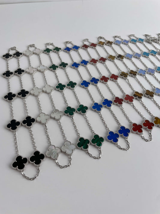 Clover necklace with 10 charms, white gold plated