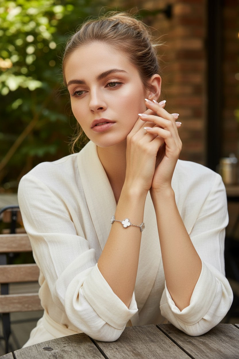 18K white gold plated clover bracelet, 925 silver